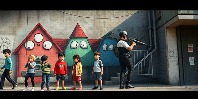 Un mural urbano con un grupo de niños perdidos, rodeado de vecinos enfadados y un despliegue de seguridad