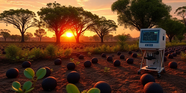 Una escena de un campo australiano al atardecer, con árboles frondosos y un suelo fértil, iluminado por una luz tenue, mostrando un contorno de hongos negros dispersos entre la vegetación, con un laboratorio microscópico y un analizador de ADN en el fondo