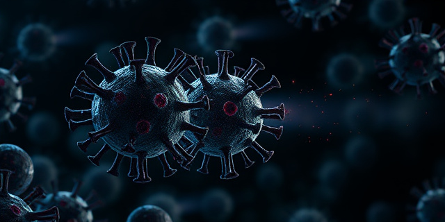 Representación artística abstracta de un virus atacando células cancerosas pancreáticas. Colores oscuros y fríos contrastados con destellos de luz que simbolizan la esperanza. Estilo biomorfo, con texturas que evocan tanto la enfermedad como la curación. Sin figuras humanas.