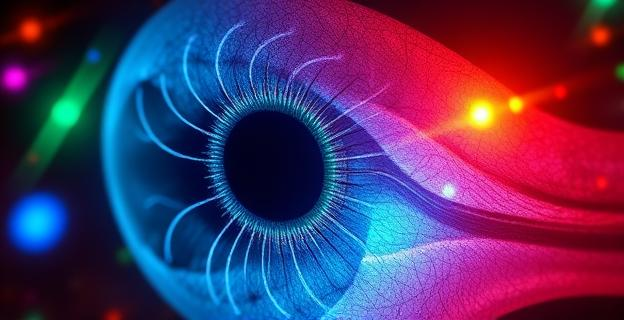 Imagen de una retina humana con conos y bastones resaltados, rodeada de colores ilusorios y luces de diferentes tonos