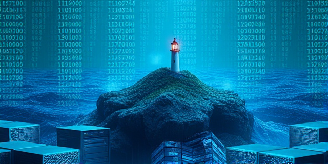 Representación digital abstracta de un mar de código binario desbordándose sobre una pequeña isla de servidores antiguos. Colores fríos y saturados, estilo cyberpunk. Un faro solitario intenta guiar a través de la tormenta de datos.
