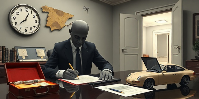 
  Una escena surrealista en un despacho ministerial: un hombre de traje (sin rostro) firma documentos con un bolígrafo dorado mientras en la pared hay un mapa de España con zonas oscurecidas (Andalucía, Madrid, Cádiz). Sobre la mesa, un reloj marca las 18:02 (hora del correo incriminatorio). Al fondo, una puerta entreabierta deja ver un pasillo infinito, como si alguien acabara de desaparecer. Estilo: pintura al óleo realista con toques de distorsión surrealista (como Dalí mezclado con un informe policial). Colores: grises fríos, detalles en negro y un destello dorado en los documentos. Sin texto, solo símbolos: un maletín abierto con billetes, un chalé de lujo en miniatura y un coche oficial del PSOE en escala reducida.