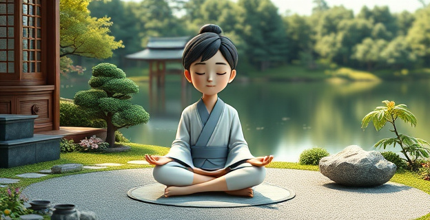 Una imagen serena de una persona japonesa sentada en un jardín zen, rodeada de naturaleza exuberante, con un lago en calma al fondo. La persona está en posición de meditación, con los ojos cerrados y una expresión de paz. Alrededor del jardín, sutilmente visibles, se aprecian elementos que representan los tres principios: un pequeño ikebana (arreglo floral japonés) simbolizando 