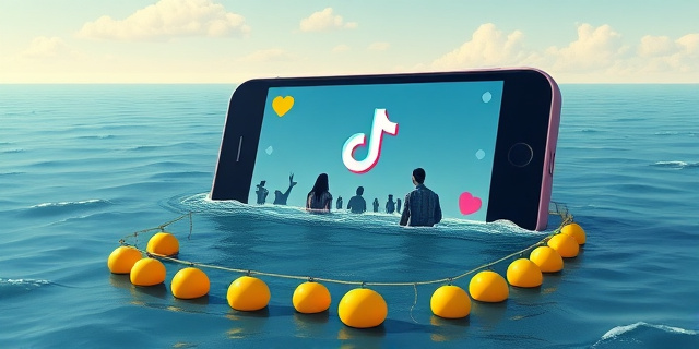 Una ilustración conceptual y satírica que muestra un teléfono inteligente gigante flotando en el mar Mediterráneo. La pantalla del teléfono muestra un vídeo de TikTok con corazones y likes, y desde la pantalla emergen siluetas de jóvenes nadando hacia una costa fortificada. En el agua, se ve una barrera de boyas amarillas y globos neumáticos que parecen insuficientes frente a la marea digital. Estilo editorial moderno, colores contrastados, atmósfera de ironía política.