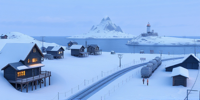 Un paisaje nevado con una pequeña ciudad de casas de madera sobre pilotes, una carretera helada que atraviesa un valle de hielo, un solo puesto de abarrotes y una estación de tren antigua. En el fondo, una montaña de nieve cubre un lago parcialmente congelado, y un faro de luz brilla débilmente. No se incluyen caras humanas, solo figuras y estructuras.