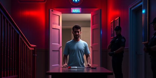 Una escalera de un edificio madrileño iluminada por luces rojas y azules, con una puerta parcialmente abierta. En el interior vislumbramos un cuarto con paredes manchadas de sangre, un hombre con un brazo amputado, un machete afilado sobre la mesa, y un agente en uniforme con un torniquete de emergencia a la vista. Al fondo, sombras de policías con escudos y radios, sin rostros visibles.