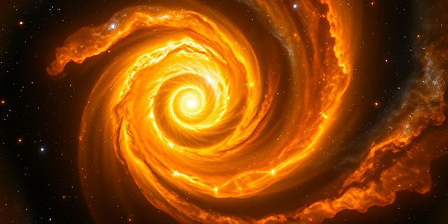 Representación artística de una galaxia espiral con tonos amarillos y naranjas vibrantes, simulando la apariencia de un girasol. El fondo debe ser un espacio profundo, oscuro y lleno de estrellas brillantes y nebulosas difusas. Estilo pictórico, con pinceladas sueltas y texturas ricas. La luz debe emanar del centro de la galaxia, creando un efecto halo luminoso.