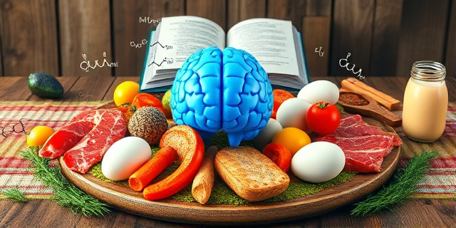 Un plato vibrante de carne, pescado, huevos y lácteos se despliega sobre una mesa de madera rústica, con un cerebro de color azul brillante situado en el centro. Alrededor, pequeños iconos de neurotransmisores como serotonina y dopamina flotan como burbujas, y un libro abierto con fórmulas químicas se cierne sobre la escena. La imagen transmite la idea de que la dieta influye directamente en la salud mental.