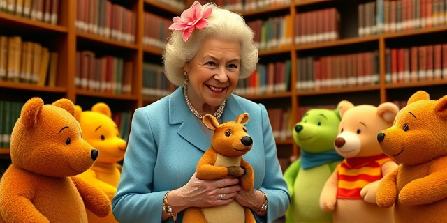 Una imagen de la reina Camilla sonriendo mientras sostiene a Roo, el bebé canguro, en la Biblioteca Pública de Nueva York, rodeada de los demás juguetes de Winnie-the-Pooh