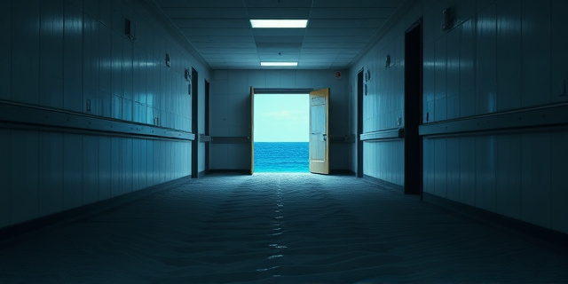 Una imagen conceptual y melancólica. Un pasillo frío y gris de un hospital antiguo y abandonado con luces fluorescentes parpadeantes. En el suelo, una hilera de expedientes médicos y huellas dactilares que se transforman en arena de playa. Al fondo, una puerta entreabierta que muestra el mar azul profundo, creando un contraste violento entre la frialdad institucional y la tragedia natural. Estilo cinematográfico, tonos desaturados.