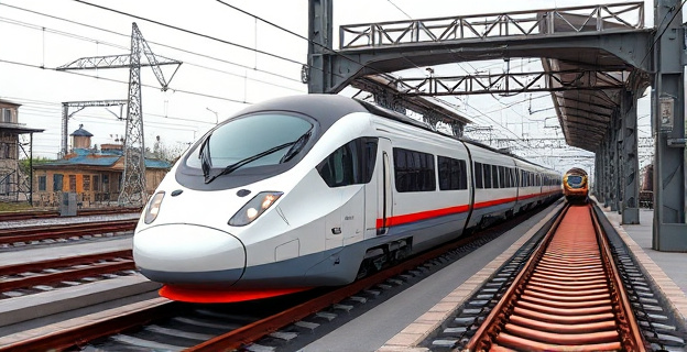 Imagen de una locomotora de alta velocidad circulando por una vía modernizada, con elementos de infraestructura antigua al fondo, contrastando con la tecnología avanzada del tren.