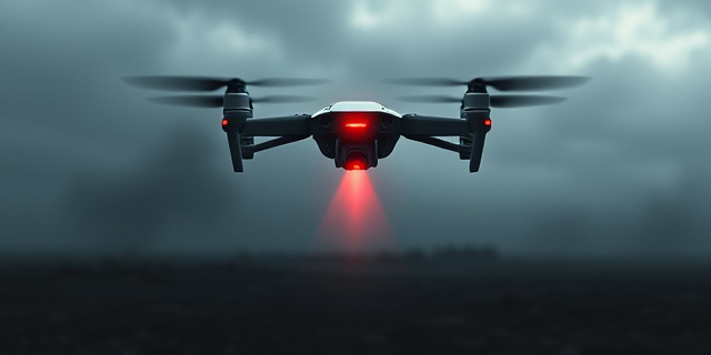 Una imagen conceptual y cinematográfica de un pequeño dron quadcopter flotando en un cielo gris plomizo sobre un campo de batalla desolado. El dron tiene un ojo electrónico rojo brillante que emite un haz de escaneo láser hacia el suelo. Estilo hiperrealista, atmósfera opresiva, colores desaturados, enfoque en la frialdad de la máquina frente a la devastación del entorno.
