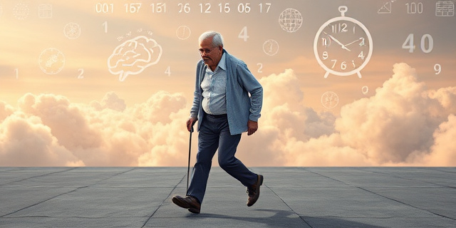Una ilustración surrealista de un anciano caminando con pasos firmes sobre un escenario que mezcla cifras y estadísticas, símbolos de cerebro y músculos, con un fondo de hojas de cálculo y relojes que se deshacen en nubes de pensamiento.