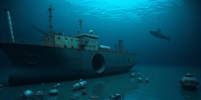 
  Una escena submarina oscura y tenebrosa, con un carguero oxidado y roto en el fondo del mar Mediterráneo, iluminado por tenues destellos azules de reactores nucleares a medio montar. Alrededor, siluetas de buquecitos militares rusos y estadounidenses en la superficie, como moscas revoloteando sobre un pastel. En primer plano, un agujero perfecto en el casco del barco, con burbujas ascendiendo como testigos mudos. El fondo marino está salpicado de piezas metálicas dispersas, y en la distancia, un submarino emerge sigilosamente, como en una película de espías de los 60. Todo bañado en tonos verdes y azules eléctricos, con un aire de misterio y peligro. Sin texto, sin rostros reconocibles.