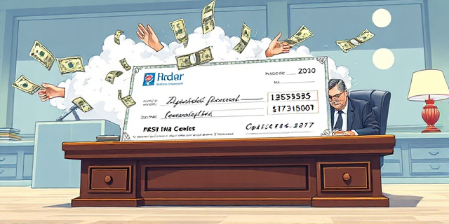 Una ilustración satírica y conceptual. Un escritorio burocrático gigante donde un funcionario firma un cheque enorme con el logo de un tren, mientras que el plano técnico del proyecto es dibujado por manos invisibles que salen de una nube de dinero. Estilo editorial de revista financiera, colores sobrios con toques de dorado, atmósfera de oficina gubernamental fría.