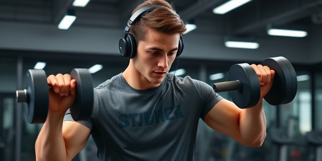 Un hombre joven con los auriculares puestos y una camiseta empapada en sudor, levantando pesas en un gimnasio moderno