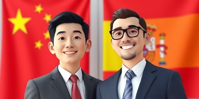 Un hombre asiático con traje y corbata, de pie junto a un hombre español sonriente, ambos con un fondo de banderas chinas y españolas