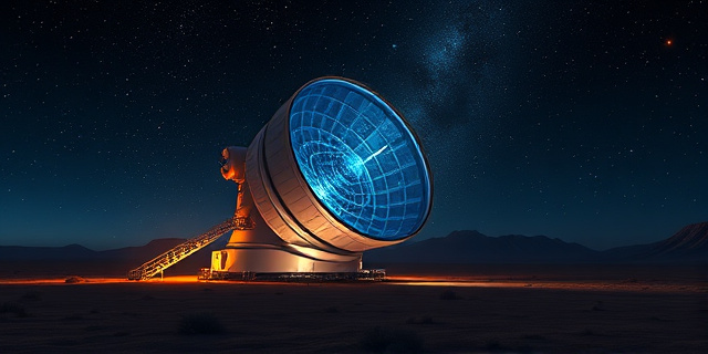 Una ilustración conceptual surrealista que muestra un telescopio colosal y futurista en el desierto de Chile, cuya lente actúa como un proyector gigante que despliega un mapa digital hiperdetallado del cosmos sobre el paisaje nocturno. Estilo cinematográfico, contrastes profundos entre el azul oscuro del espacio y el dorado de las estrellas, atmósfera de asombro tecnológico.