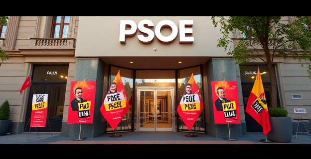 Imagen de una sede del PSOE con pancartas de protesta en el exterior, mostrando la tensión interna en el partido.