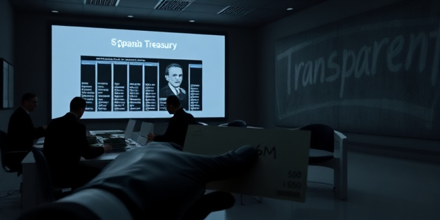 
  Imagen surrealista de una oficina gubernamental en penumbra, donde un grupo de siluetas borrosas (asesores VIP) cobran billetes de 500 euros en un mostrador opaco. Al fondo, una pantalla gigante muestra el logo del Ministerio de Hacienda con un parche negro sobre los nombres. En primer plano, una mano anónima esconde un sobre con el texto 