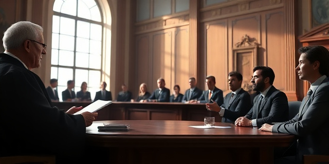 Una sala de tribunales en España, con el Tribunal Supremo como escenario. Al fondo, un juez de toga negra escucha testimonios. En primer plano, abogados con chaquetas y gestos enfáticos, mientras una joven jurada sostiene documentos. La luz se filtra a través de una ventana de vidrio, creando sombras sobre la mesa de madera oscura. No hay rostros explícitos, pero se percibe la tensión del juicio.