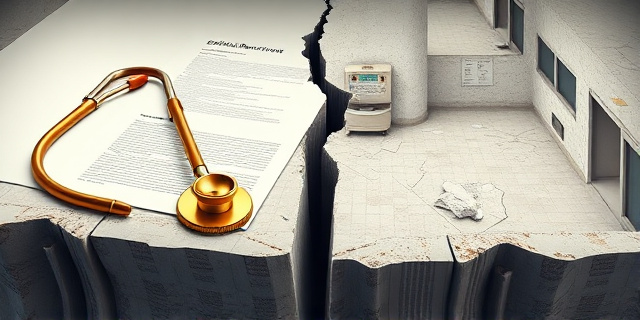 Una ilustración conceptual y satírica. En un lado, un estetoscopio dorado descansando sobre un informe oficial impecable y blanco. Al otro lado, un estetoscopio desgastado y oxidado sobre un fondo de paredes desconchadas y caos hospitalario, con una grieta profunda separando ambas realidades. Estilo editorial de revista política, colores contrastados entre el blanco aséptico y tonos ocres y grises.