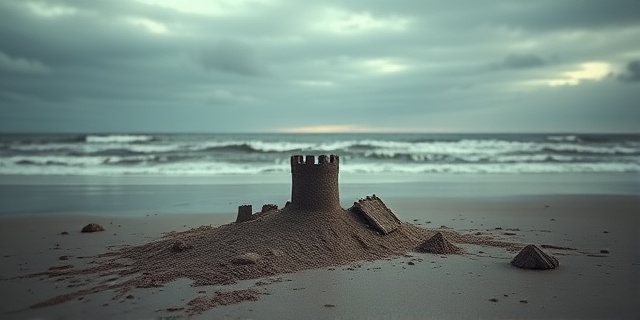 Una imagen conceptual que represente el desmantelamiento silencioso de una estructura de seguridad. Un castillo de arena desmoronándose lentamente en la playa, con olas amenazantes en el fondo. Colores apagados y melancólicos, con un cielo nublado. La composición debe evocar una sensación de pérdida e incertidumbre.