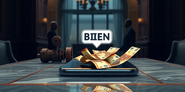 Una ilustración satírica de estilo editorial. Un teléfono móvil gigante en el centro de una mesa de mármol gubernamental; en la pantalla se lee la palabra 