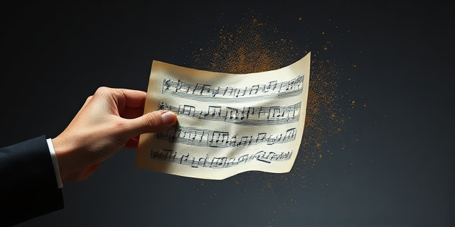 Una composición abstracta que representa una partitura musical distorsionada, con una mano que intenta sostenerla, pero que se desintegra en polvo dorado. El fondo es de un color gris opaco, simbolizando la burocracia. La luz debe ser tenue y dramática, creando sombras que sugieren manipulación y ocultación. Utilizar texturas que recuerden a papel antiguo y tinta descolorida.