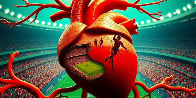 Una ilustración conceptual y surrealista que muestra un corazón humano transformado en un estadio de fútbol, con pequeñas figuras de aficionados gritando en las arterias. El estilo debe ser una mezcla de dibujo anatómico antiguo y arte pop moderno, con colores vibrantes rojos y verdes, enfatizando la tensión y la pasión, sin rostros definidos.