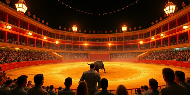 Un ruedo de la Real Maestranza de Caballería iluminado por faroles de feria, con un matador herido en la espalda y el toro latente en la arena, mientras el público observa con mezcla de asombro y tensión.