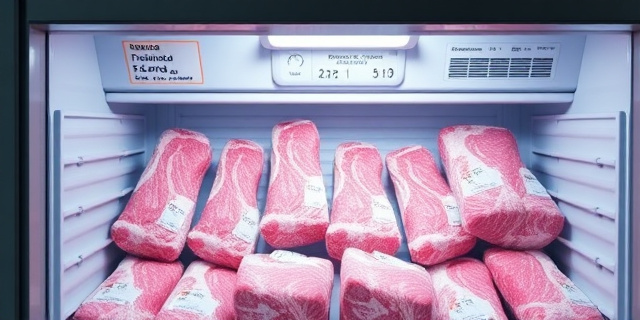 Una imagen de un congelador lleno de carne congelada, con etiquetas que indican la fecha de congelación y el tipo de carne.