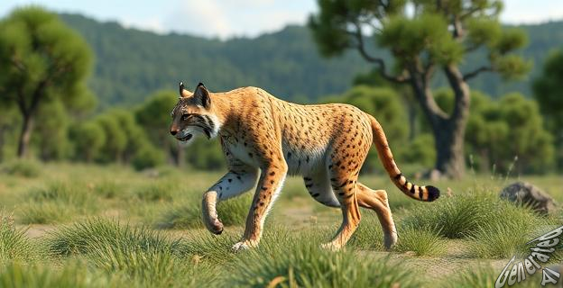 Un lince ibérico caminando libremente en un paisaje natural con árboles y colinas al fondo.