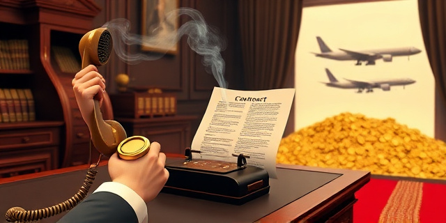 Una ilustración satírica de estilo editorial. Un escritorio de lujo donde un contrato de papel se transforma en humo, mientras una mano con un anillo dorado sostiene un teléfono antiguo. Al fondo, la silueta de un avión de carga y una montaña de monedas de oro ocultas bajo una alfombra roja. Colores sobrios con contrastes fuertes, atmósfera de despacho judicial.