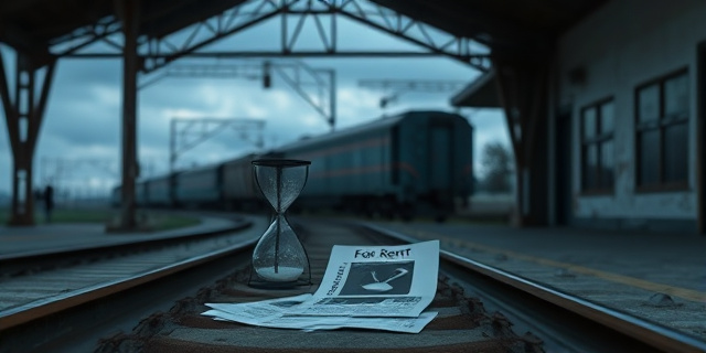 
  Una estación de tren abandonada al atardecer, con vías oxidadas y rotas en primer plano. Al fondo, un cartel de 