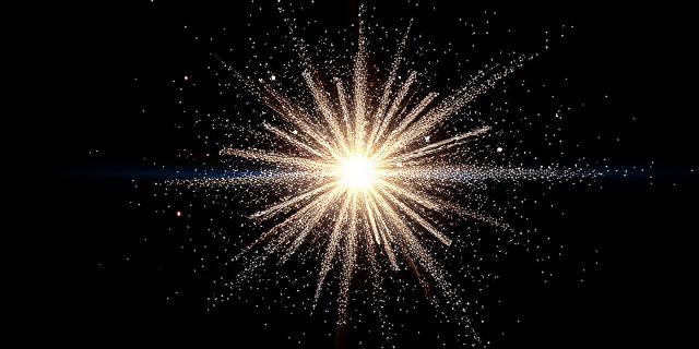 Representación abstracta de una línea de luz desintegrándose en miles de partículas brillantes, con un fondo oscuro que simboliza el vacío del espacio. Estilo pictórico, con pinceladas sueltas y colores vibrantes. Sensación de explosión controlada y orden caótico.