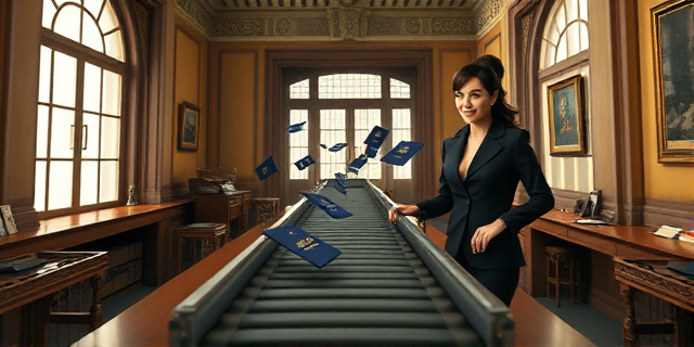 Una ilustración conceptual y satírica que muestra una cinta transportadora industrial moderna en una oficina gubernamental antigua y lujosa. De la cinta salen pasaportes a gran velocidad, mientras una figura femenina elegante y poderosa supervisa la máquina con una sonrisa irónica. Estilo editorial de revista, colores contrastados, iluminación dramática, sin rostros reconocibles.