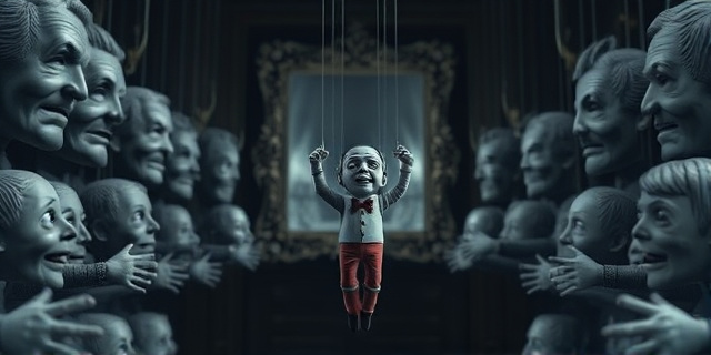 Una marioneta de hilos cortados cayendo en un abismo oscuro, rodeada de otras marionetas con expresiones de sorpresa e indiferencia. El fondo, una sala de espejos distorsionados que reflejan rostros políticos borrosos. Estilo pictórico, paleta de colores fríos y grises, atmósfera opresiva.