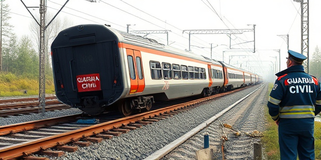 Un tren descarrilado en una vía ferroviaria, con agentes de la Guardia Civil y personal de ADIF trabajando en la escena del accidente, mientras un alto cargo técnico de ADIF observa desde la distancia
