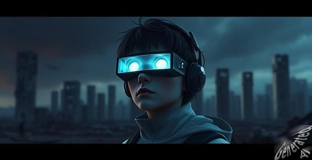 Una imagen postapocalíptica con una persona con una visión futurista y oscura, con ruinas de edificios al fondo y una atmósfera oscura.