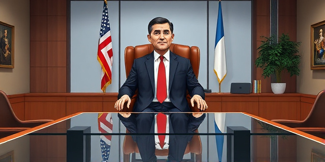 Una ilustración satírica de un despacho gubernamental moderno con una mesa de cristal. En la silla presidencial, se ve la parte superior de un hombre con traje, pero la parte inferior de su cuerpo desaparece mágicamente en un efecto de glitch digital o transparencia, sugiriendo que flota. Estilo de caricatura editorial de periódico, colores sobrios con un toque de ironía visual.