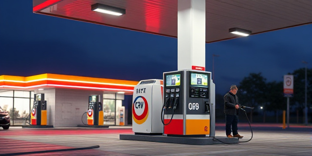 Una gasolinera con un surtidor y un conductor repostando