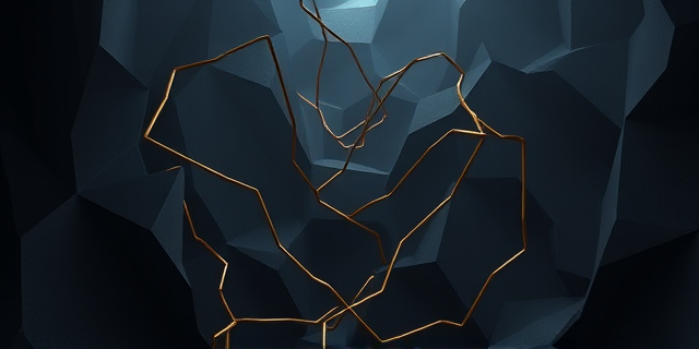 Una composición abstracta que evoca el laberinto de las relaciones de poder. Formas geométricas oscuras entrelazadas con hilos dorados que representan corrupción. La paleta de colores debe ser sombría, con toques de rojo y negro. Un ambiente opresivo y cargado de tensión. Estilo expresionismo abstracto.