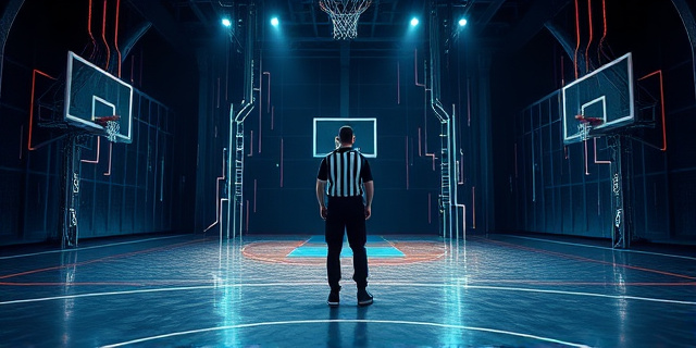 Imagen conceptual de una cancha de baloncesto futurista con líneas de luz representando algoritmos y datos fluyendo alrededor de una silueta de un árbitro. Colores fríos y metálicos, estilo cyberpunk. Enfoque en la tecnología y la precisión, sin rostros visibles.