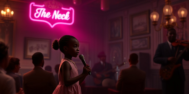 Un escenario de jazz en Harlem a principios del siglo XX: una niña afroamericana de cuatro años, vestida con un traje de flapper, sostiene un micrófono bajo luces de neón. El público, en sombras, escucha mientras una banda de jazz suena en un club nocturno iluminado por lámparas de araña.