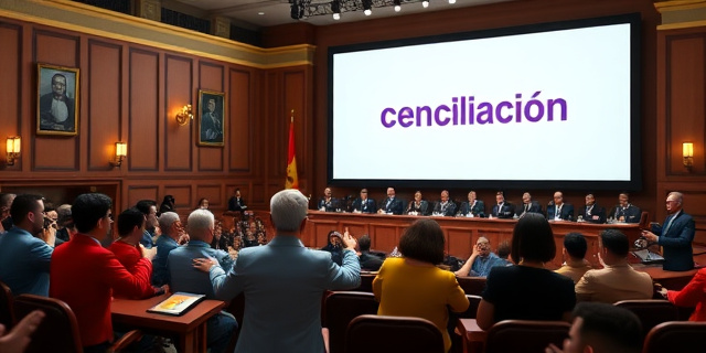 Una sala del Congreso de los Diputados con personajes vestidos de colores corporativos, gesticulando frente a un gran proyector, mientras un cartel con la palabra 
