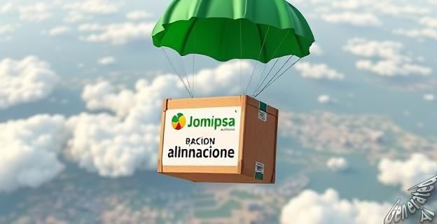 Imagen de una caja con paracaídas verde siendo abierta, mostrando raciones de comida en su interior, con personas alrededor observando.