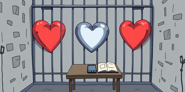 Una ilustración conceptual y satírica que muestra una celda de prisión donde las rejas se transforman en corazones de metal. En una mesa pequeña, un teléfono móvil moderno y un libro de dibujo contrastan con el entorno gris. Estilo de caricatura editorial de periódico, colores contrastados, atmósfera de ironía social, sin personas reales.