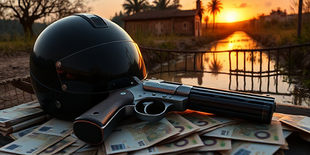 Una ilustración conceptual estilo editorial. Un casco de moto negro brillante y una pistola antigua cromada descansando sobre un montón de billetes de euros. Al fondo, una acequia de campo española con agua estancada y vegetación, bajo una luz dramática de atardecer. Estilo hiperrealista con toque satírico, colores contrastados.