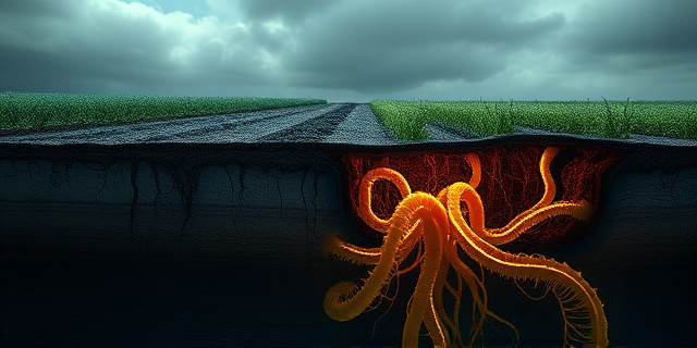 Una ilustración conceptual y surrealista que muestra un corte transversal de la tierra. En la superficie, un campo de cultivo industrial grisáceo y triste. Bajo la tierra, una red neuronal vibrante, bioluminiscente y dorada de filamentos fúngicos que se conectan con las raíces de las plantas, contrastando la vida orgánica subterránea con la esterilidad química de la superficie. Estilo artístico digital detallado, atmósfera de misterio y escala épica.